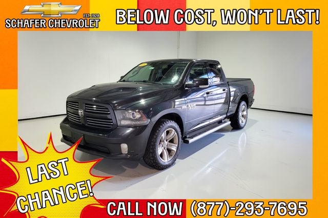 2016 RAM 1500 Sport in Brilliant Black Crystal Pearlcoat — front three-quarter view